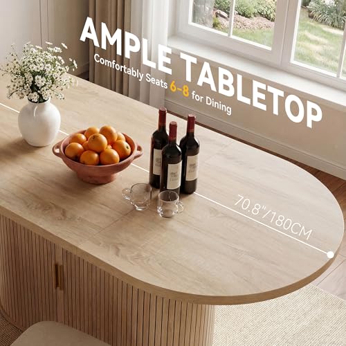 DWVO 70.9" Oval Dining Table for 6-8, Modern T-Shaped Kitchen Table with Storage Shelves & Pedestal Base, Multi-Purpose Dinner & Office Table, Light Oak DWVO