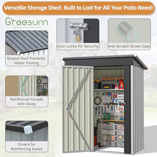 Greesum 5×3 FT Outdoor Storage Shed, Metal Storaged Sheds Without Floor, Tool Sheds with Lockable Doors and Sloping Roof for Garden, Patio, Backyard, White Greesum