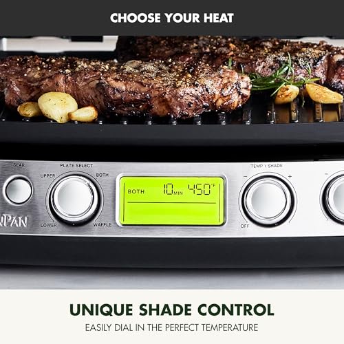 GreenPan Elite 7-in-1 Multi-Function Contact Grill & Griddle, Healthy Ceramic Nonstick Aluminum, Grill & Waffle Plates, Adjustable Shade & Shear, Closed Press/Open Flat Surface, PFAS-Free, Black GreenPan
