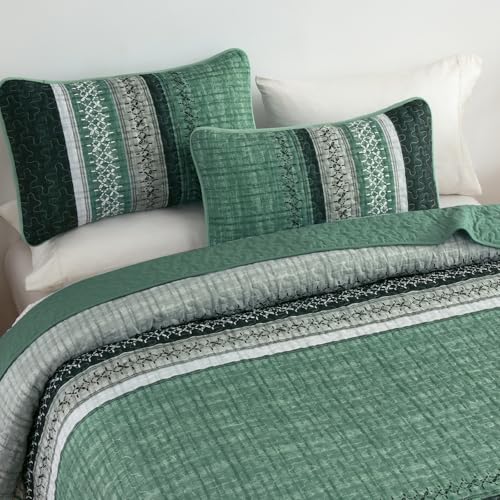 Menghomeus Quilt Queen Size, Green Patchwork Striped Quilt Set 3 Pieces, Soft Lightweight Bedspread Coverlet Bedding Set for All Season 96"x90" Menghomeus