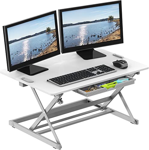 SHW 32-Inch Height Adjustable Standing Desk Converter Riser Workstation with Drawer, White SHW