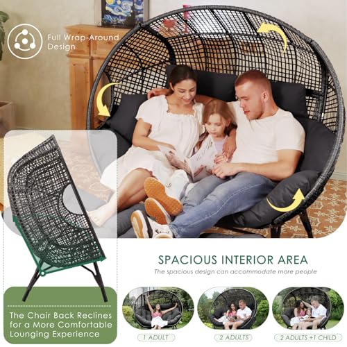 NICESOUL® Double Egg Chair Indoor Outdoor Stationary Oversized Thicken Padded Cushions,2 Person Egg Loveseat Chair,680 lbs Extra Large Lounge Chair for Patio Balcony Porch Backyard Gray NICESOUL