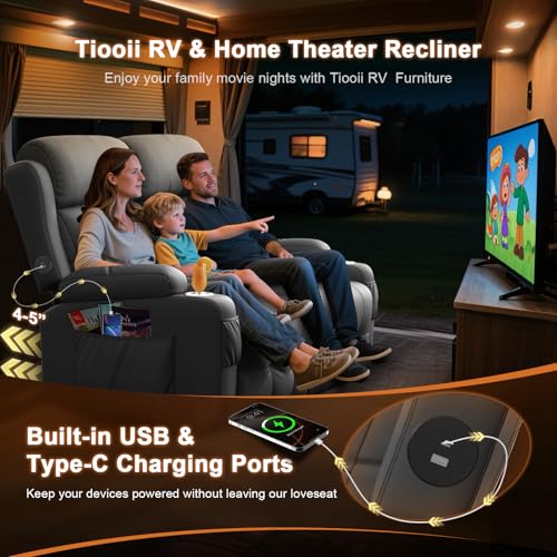 Tiooii RV Loveseat Recliner Sofa, Massage Wall Hugger Recliners Couch with USB Port, Side Pockets, Cup Holders, 150° Reclining Sleeper, for RV Furniture & RV Camper & Home Theater Seating