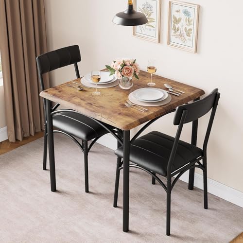 2-Person Dining Table Set (3 Pieces) - Square Kitchen Table & Cozy Upholstered Chairs,Ideal Small-Space Dining Set for Apartments, Studios,Practical 2-Seater Table Set for Kitchen/Dining Areas,Brown. Sunvasagoo