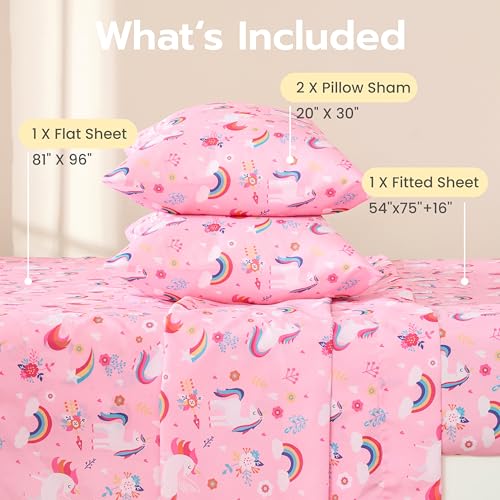 Joiedomi Kids Full Sheet Set Unicorn - 4 Piece Soft Microfiber Bed Sheets - Deep Pocket Wrinkle Free, Cozy Toddler Bedding Set, Fade Resistant Breathable for Boys Girls Teens Joiedomi