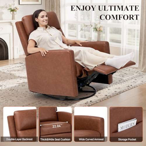 COLAMY Swivel Rocking Recliner,Wide PU Leather Glider Sofa Chair with Ergonomic High Backrest for Living Room, Office, Bedroom(Cocoa) COLAMY