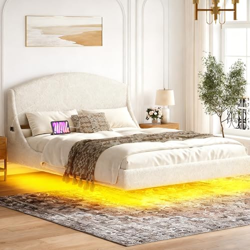 Ailisite Full Size Floating Bed Frame with LED Lights and Charging Port, Visual Floating LED Bed Frame with Curved Cloud Headboard, White Boucle Upholstered Platform Bed Full Size Frame, Heavy Duty Ailisite