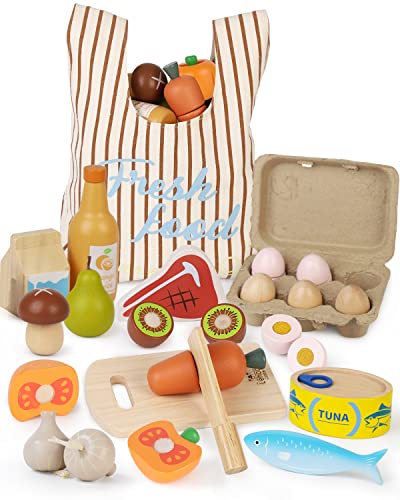 Wooden Play Food Sets for Kids Kitchen, Food Toys for Toddlers 3+ Year Old, with Shopping Bag, Pretend Food Play Kitchen Cutting Fruits Vegetables Toys, Gift for Boys Girls Educational Toys Lehoo Castle