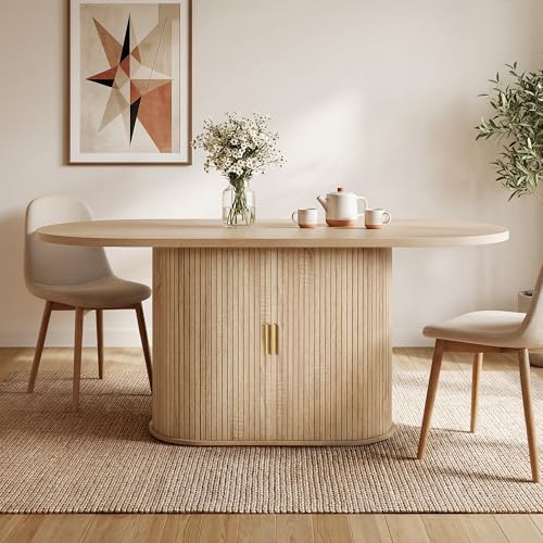 DWVO 70.9" Oval Dining Table for 6-8, Modern T-Shaped Kitchen Table with Storage Shelves & Pedestal Base, Multi-Purpose Dinner & Office Table, Light Oak DWVO