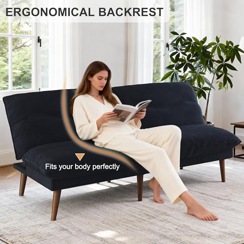 DreamDashio Futon Sofa Bed, 4 in 1 Multi-Functional Futon Couch with Adjustable Backrest, 75 inch Convertible Sleeper Sofa Bed and Recliner Lounge, Corduroy Loveseat for Living Room, Apartment, Black DreamDashio