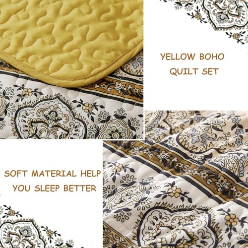 WONGS BEDDING Boho Queen Quilt Set, Yellow Orange Bohemian Queen Quilt Bedding Set, Lightweight Microfiber Bed Decor Bedspread for All Season 96"x90"(3 Pieces) WONGS BEDDING