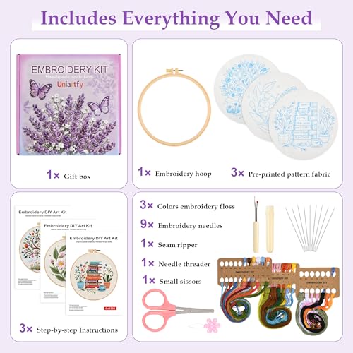 3 Sets Embroidery Kit for Beginners with Stitch Video, Flower Butterfly Tree Books Cross Stitch Kits for Adults, Needle Point Kits with Stamped Pattern, Hoop, Needles, Tools, DIY Arts and Crafts