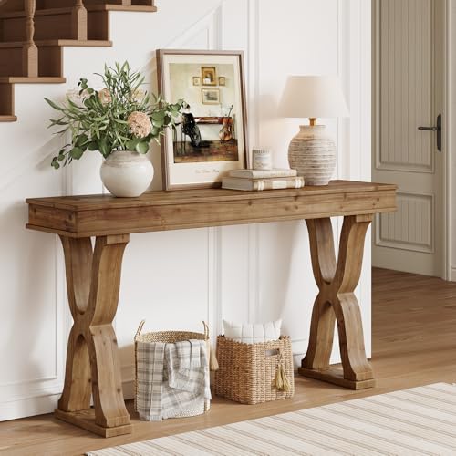 TRIBEWOOD 63-Inch Solid Wood Console Table, Farmhouse Entryway Table with X-Shaped Legs, Long Sofa Table for Living Room, Hallway, or Foyer, Easy Assembly, Anti-tip Kits TRIBEWOOD