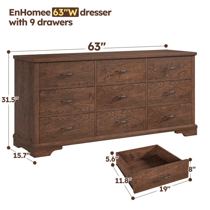 EnHomee 9 Drawers Dresser, 63" W Farmhouse Dressers for Bedroom Dressers with 9 Drawers, Solid Wood Dresser TV Stand with Large Metal Handle, Modern Wood Drawer Organizer for Closet (Rsutic Brown) EnHomee