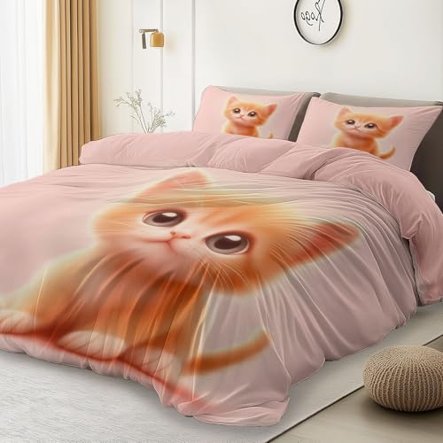 Pink 3 Piece Duvet Cover Set, 1 Printed Zipper Closure Duvet Cover with 2 Pillow Shams, Ultra Soft Brushed Microfiber Single with Minimalist Kitten Cute Generic