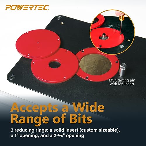 POWERTEC Router Table Top 24” x 32” w/Phenolic Template Precision Router Base with Insert Plate & Rings for Woodworking (71685) POWERTEC