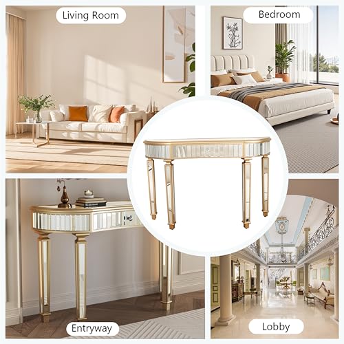 Mcltopz 47" Gold Mirrored Console Table, Half-Moon Sofa Table with with Fluted Glass & Crystal Knob Drawer, Modern Luxury Entryway Vanity Desk Mirrored Furniture with Sturdy Wooden Frame for Bedroom Mcltopz