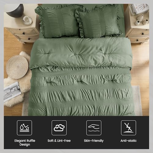 QUIETSEA Twin Comforter Set Seersucker 5 Pieces Luxury Ruffle Bed in a Bag Twin Size for All Season Green Bedding Set with Comforter, Pillowcase, Flat Sheet, Fitted Sheet and Pillow Sham QUIETSEA