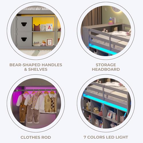 PVWIIK Twin Size Low Loft Bed with Storage Shelves & Headboard and Side Ladder,Sturdy Bed Frame w/Clothes Drying Rack,Festival Gifts,Grey PVWIIK