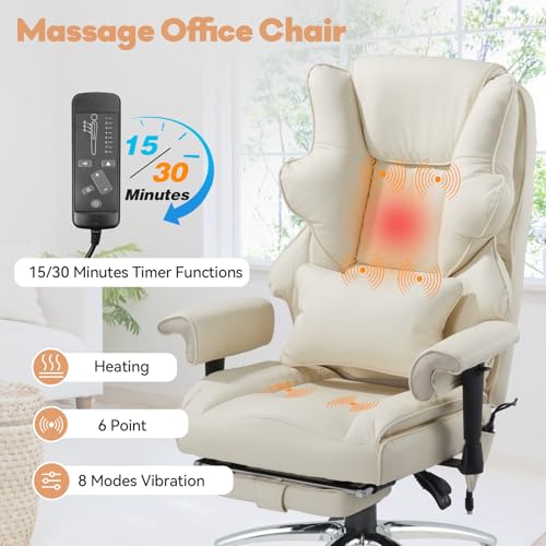 Mvpipi Massage Office Chair with Foot Rest, Ergonomic Executive Heated Office Chair with Reclining Backrest, Adjustable Arms and Lumbar Support, High Back Leather Desk Chairs for Home Office, Beige Mvpipi
