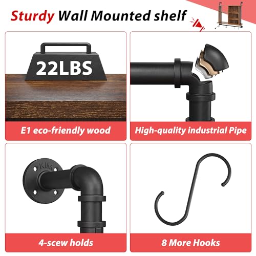 REIBII Led Floating Shelves for Wall 37" Kitchen Shelves for Wall Storage Industrial Pipe Shelving with 8 S-Hook Wood Wall Mounted Shelves for Bathroom Wall Wine Coffee Bar Rack Living Room Deco REIBII