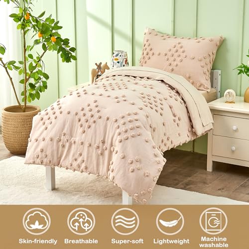 Toddler Bedding Set for Girls 4-Piece Beige Jacquard Pom Pom Tufts Embroidery Bohemian Boho Tufted Dots Comforter Set for Baby Kids Bed-in-a-Bag with Comforter, Flat Sheet, Fitted Sheet, Pillowcase VIVILINEN