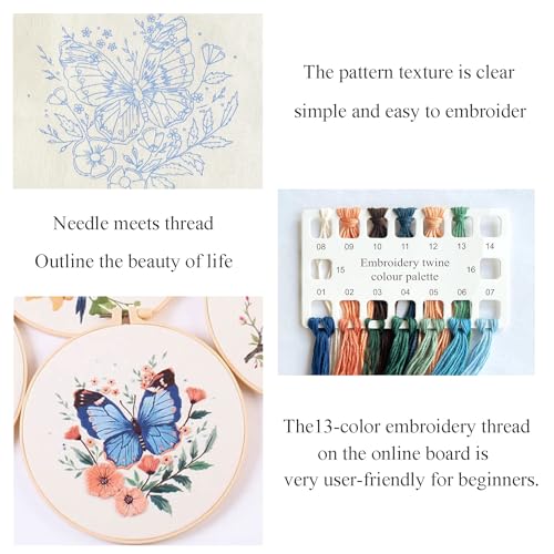 Silentsea Blue Butterfly Embroidery Kit for Adults - DIY Embroidery Set with Fabric, Threads and Needle for Craft Lovers