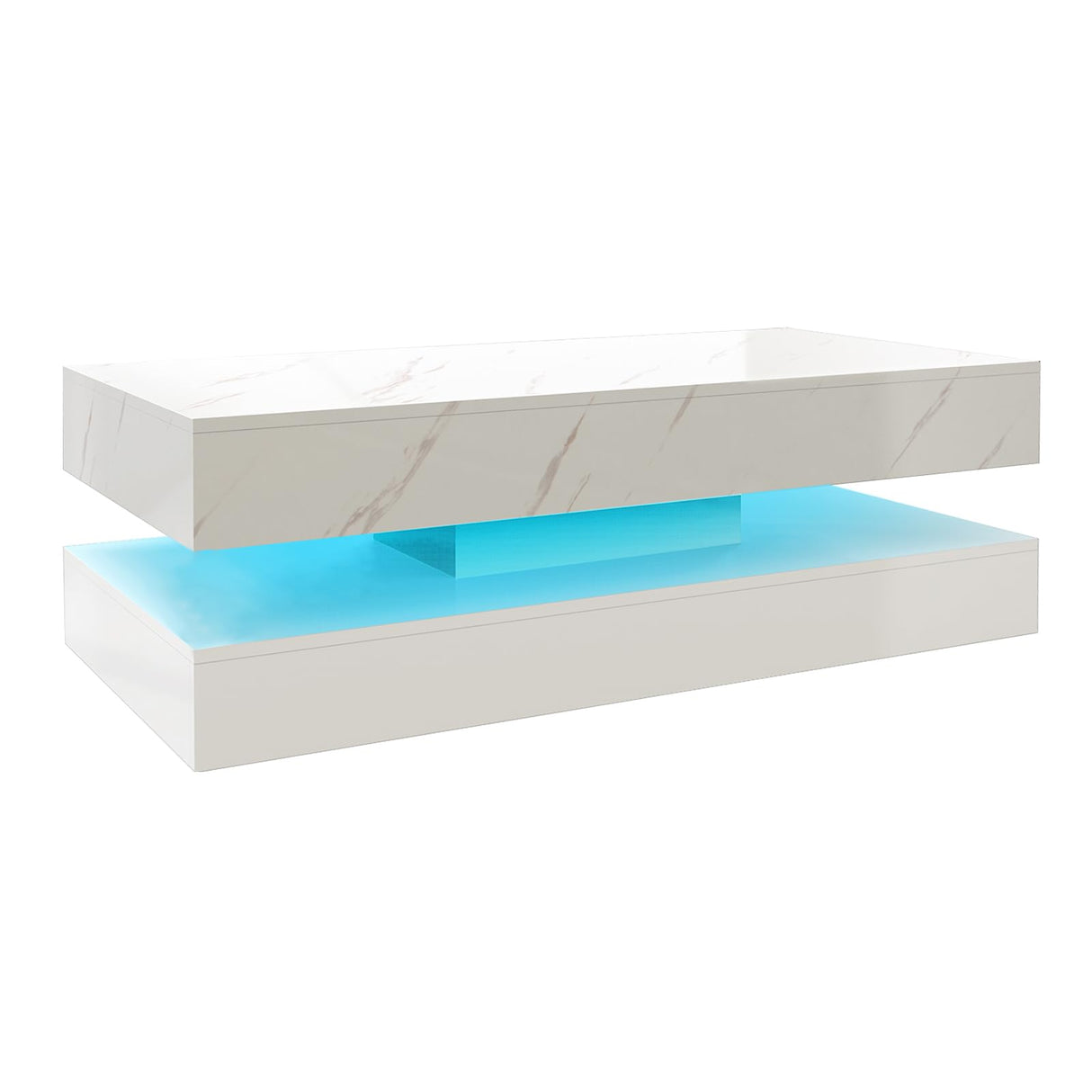 HOMFAMILIA LED Coffee Table with 2 Storage Drawers, Modern High Gloss White Coffee Table w/20 Colors LED Lights, 2 Tiers Rectangle Center Table for Living Room with Marbling Print, APP Control, White HOMFAMILIA