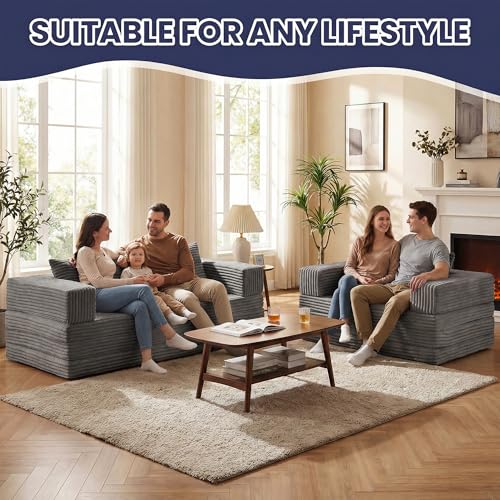 Winzoo Convertible Sofa Bed Couch, 78’’ Oversized 4-in-1 Boneless Couches with Removable Armrests Backrest, Corduroy Futon Sofa Bed, Foldable Mattress Sleeper Sofa for Living Room Bedroom (Grey) Winzoo