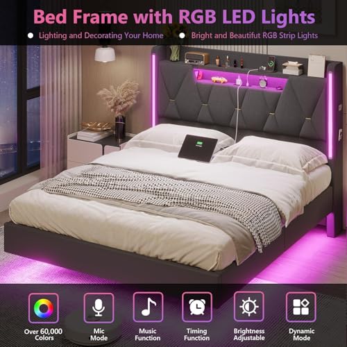 Queen Bed Frame with Headboard,Bed Frame Queen Size with LED Lights & Charging Station,Floating Queen Bed Frame with Storage Openable Marshmallow Headboard,No Box Spring Needed,Noise-Free,Dark Gray BYSAUD