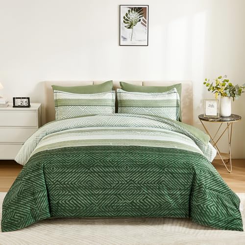 Drucon Christmas Olive Green Striped Comforter Set Queen Size 7 Pieces Reversible Bedding Set, Boho Bed in a Bag, Soft Microfiber Comforter and Sheet Set for All Season Drucon