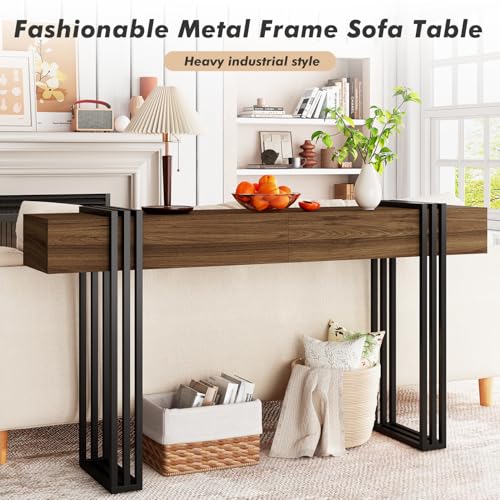 knoworld 63 Inch Console Table for Entryway, Industrial Sofa Tables Couch Table Behind Sofa for Living Room Hallway Foyer, Walnut knoworld