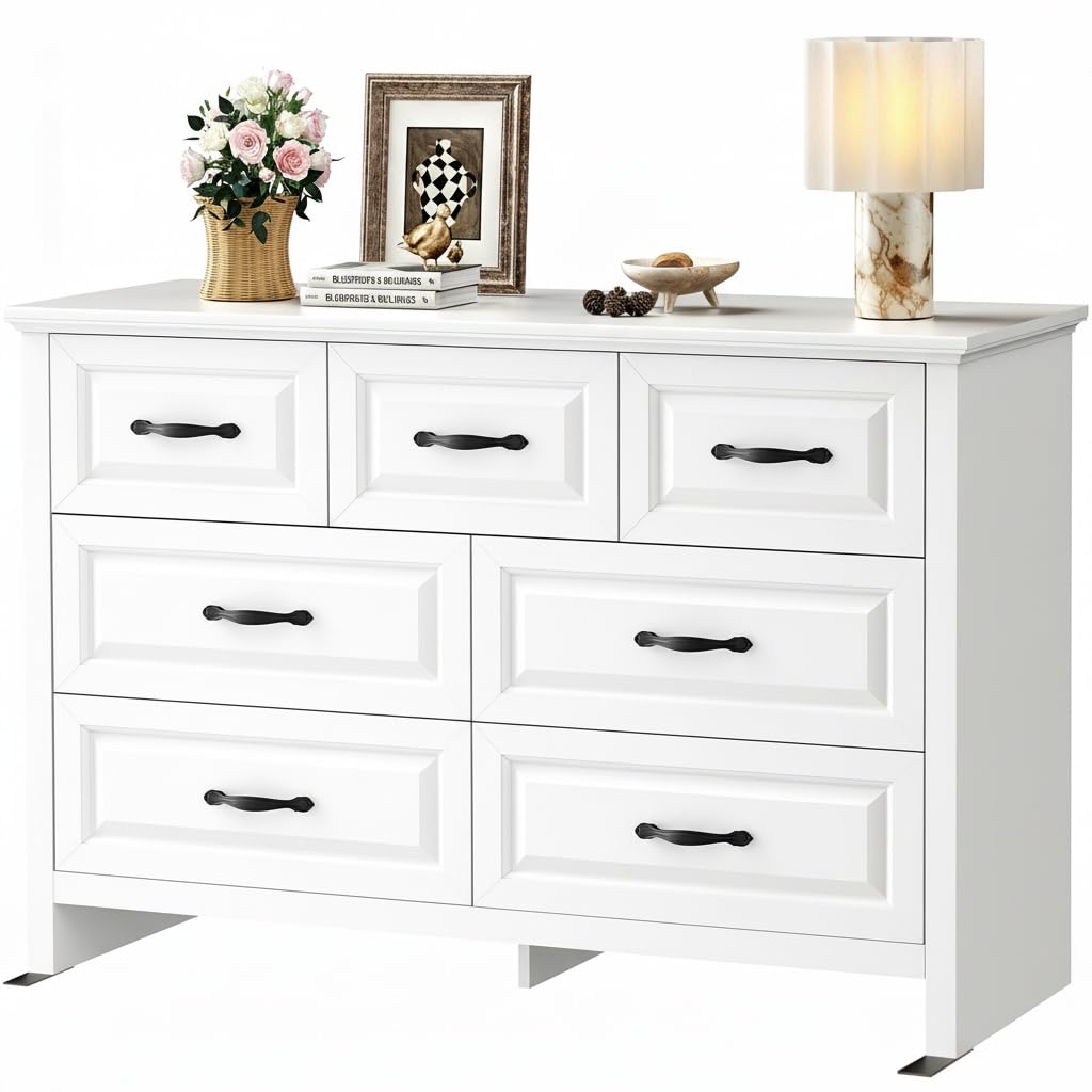 Marsail Farmhouse 7 Drawer Dresser, Wood Chest of Drawers with Natural Texture, Smooth Gliding Drawers, Versatile Storage Organizer Cabinet for Bedroom & Living Room, White Marsail