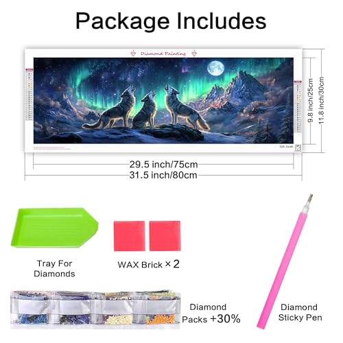 VAIIEYO Large Diamond Art Kits for Adults Wolf, Diamond Art Animal Aurora Moonlight, Large Diamond Painting Kits Full Drill Round Rhinestone Craft Canvas for Home Wall Decor Gift 12x31 inch VAIIEYO