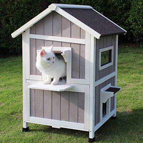 Rockever Outdoor Cat House, Large Outdoor Houses for Feral Cats Wooden Outside Cat Shelter Weatherproof with Escape Door Rockever