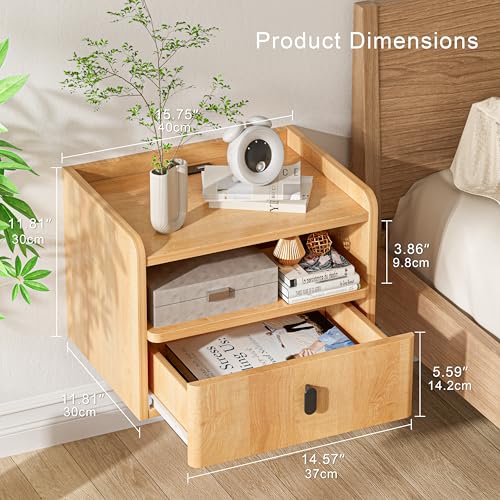 GENGKHAN Floating Nightstand Set of 2, Modern Wall Mount Bedside Table with Drawer & Open Shelf, Space-Saving Night Stands with Charging Station, Natural Wood Finish for Bedroom GENGKHAN