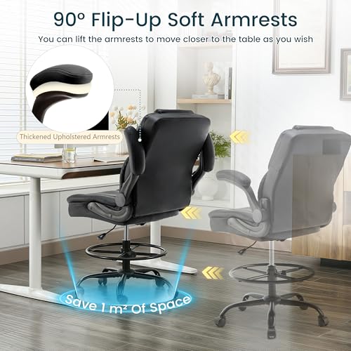 Drafting Chair 500Lbs, Tall Office Chair for Standing Desk, High PU Leather Executive Office Chair with Flip-up Armrests, Ergonomic High Chair with Adjustable Foot Ring, Comfy Stool Chairs, Black Sofetura