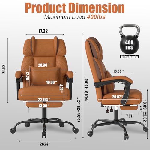 Ergonomic Office Chair with Footrest, 400lbs High Back Executive Home Office Computer Chair with Unique Ear-Shape Headrest for Neck Support,Brown Leather Office Chairs for Home Office Work Hihady