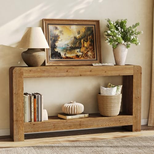 TRIBEWOOD Solid Wood Console Table with Storage, 63-Inch Farmhouse Entryway Table, 2-Tier Narrow Sofa Console Behind Couch, for Living Room, Hallway, Foyer, Rustic Brown TRIBEWOOD