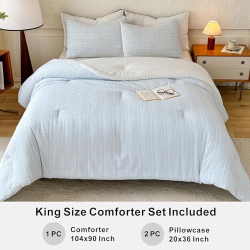 tohrisa Boho Comforter Set King Size - 3 Pieces Lightweight Jacquard Seersucker Bedding Sets (1 Soft Fluffy Grid Comforter & 2 Pillowcases) - All Seasons Cozy Modern Bed Set(104"x90" Sky Blue) tohrisa