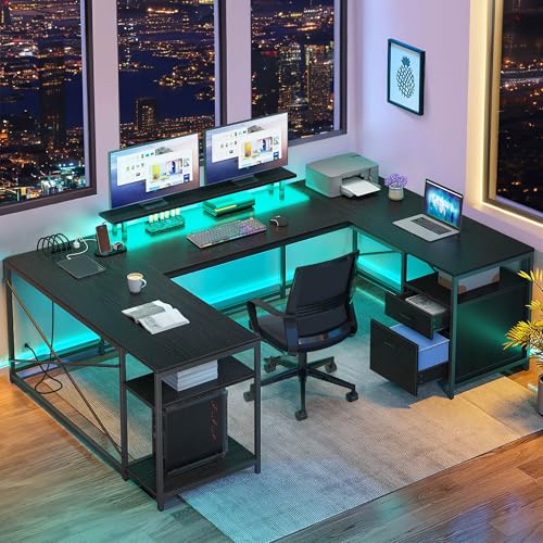 DWVO U Shaped Desk with Drawers, 79" Reversible L Shaped Desk with Power Outlets & LED Lights, Corner Computer with Monitor Stand & Storage Shelves, Black DWVO