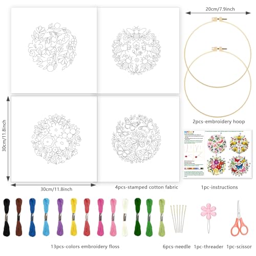 INFUNLY 4 Pack Pink Flowers Embroidery Starter Kit for Beginners Colorful Butterfly DIY Embroidery Kits for Adults Stamped Needlepoint Set with Step-by-Step Instructions Threads Craft Lover Gift