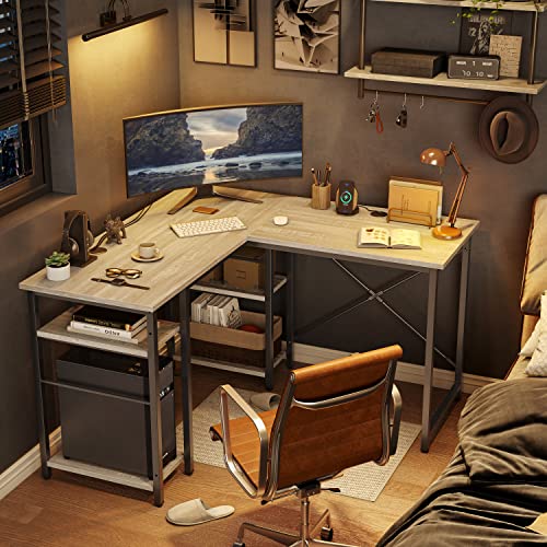 Bestier L Shaped Desk with Shelves 75 Inch Reversible Corner Computer Desk or 2 Person Long Table, Writing Study Desk for Home Office Small Space Bedroom Apartment, Wash White Bestier