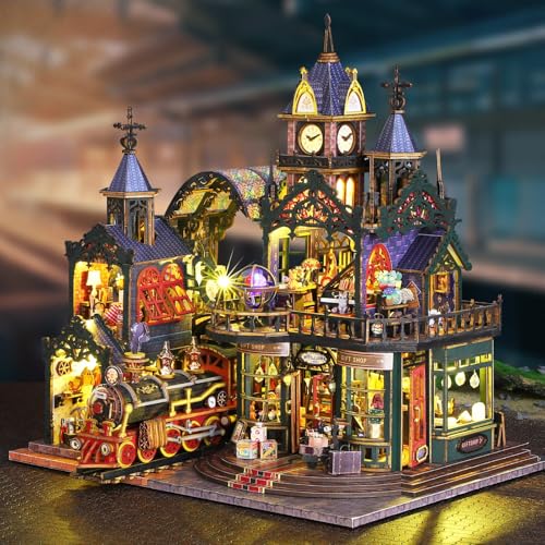Merrifete Steampunk Train Station DIY Miniature House Kit – Victorian Fantasy Railtrack Phantom City Dollhouse Kit – Wood 3D Puzzles Tiny House Book Nook Christmas Halloween Birthday
