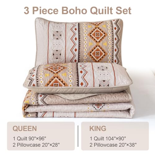 WONGS BEDDING Boho Beige Quilt Set Queen Size,Geometry Printed Bedspread Coverlet Set with 2 Pillowcases,Soft Bohemian Bedding Set Queen 96"×90" WONGS BEDDING