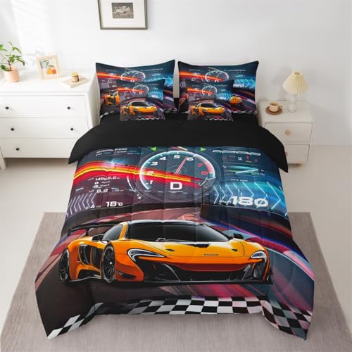 Feelyou Boys Race Car King Size 7 Piece Bedding Set Kids Racing Car Comforter Set with Sheets, Pillowcases & Cushion Cover Feelyou