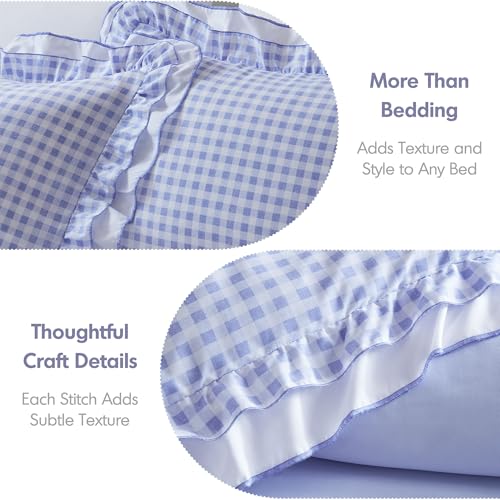 Intelligent Design Rowena Full Comforter Set – Blue Gingham Ruffled Bedding, Vintage Farmhouse Style, Reversible All Season 4-Piece Bedding Set, Full/Queen, Gift for Her Intelligent Design