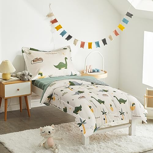 Joyreap 4 Piece Dinosaur Toddler Bedding Set, Cotton Toddler Comforter Sheet Set, Green Dinosaurs Print on White Design for Kids Boys n Girls Joyreap