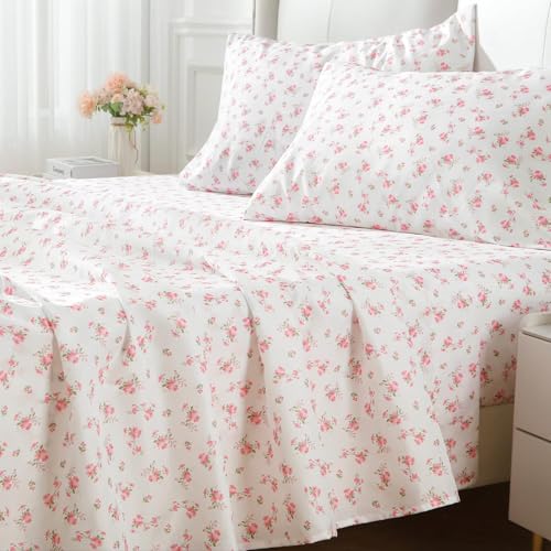 MUXHOMO King Size 4 Piece Sheet Set, Soft Breathable Bed Sheet Set for Bedroom with Deep Pocket Up to 16", Wrinkle-Free & Cooling Bedding for Oeko-TEX Certified - Blossoms Pink MUXHOMO