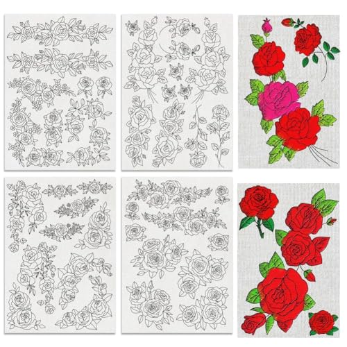 BENECREAT 4 Sheets Roses Sewing Embroidery Stabilizers, 42pcs Flowers Embroidery Paper with Pre-Printed Water Soluble Stabilizer for Embroidery Hand Sewing Lover Beginners